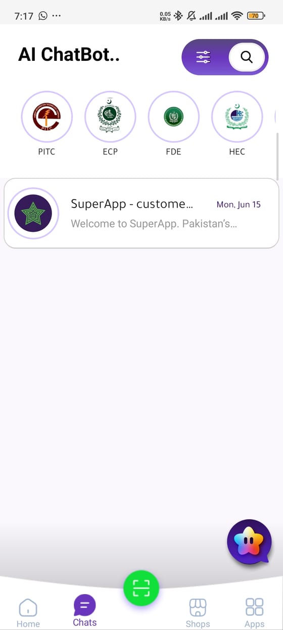 SuperApp Chats tab listing AI ChatBots