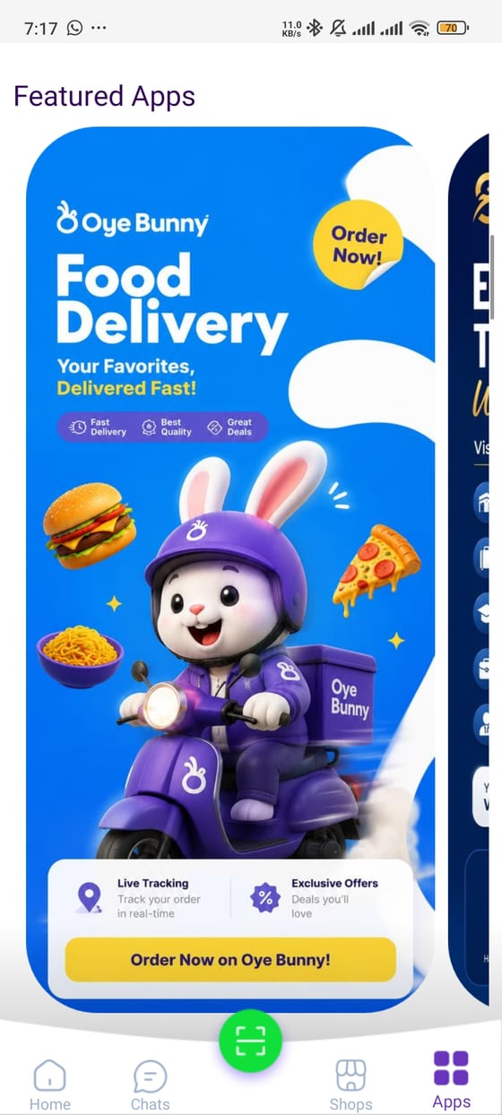 OyeBunny food delivery in the SuperApp Apps tab